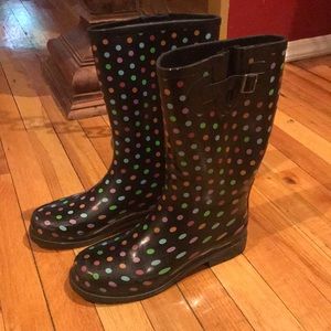EUC black rain boots with colorful polka dots